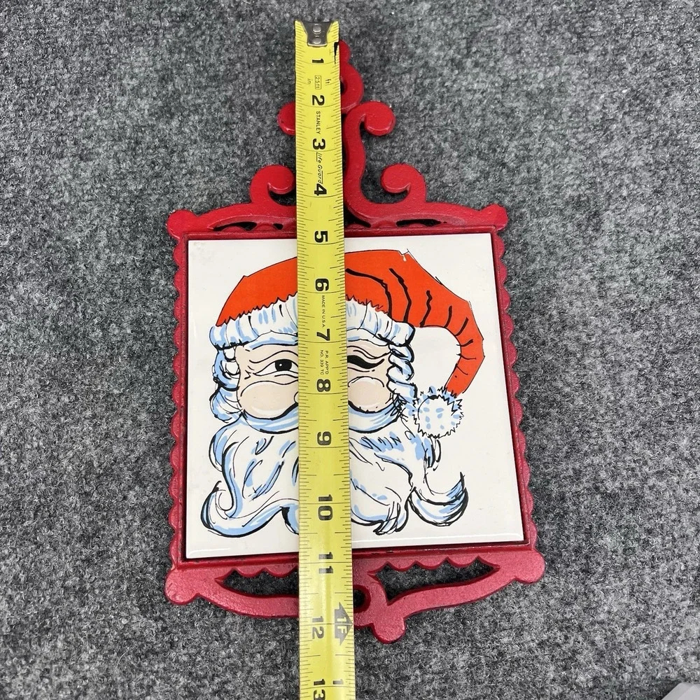 Red Enesco Cast Iron Trivet Santa Claus Winking Ceramic Tile Christmas Decor